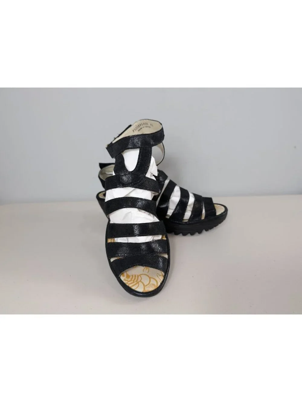 Fly London black leather wedge heels women's size 10-10.5